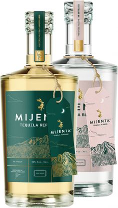 two bottles of mijer tequila are next to each other on a white background