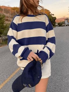 Style: Casual. StreetColor: Brown.BlueFabric Content: Cotton BlendFit Type: Loose fitNeckline: Crew NeckSleeve Length: Long Sleeve Striped Knitted Sweater, Pullover Outfit, Retro Streetwear, Oversized Knitted Sweaters, Drop Shoulder Sweaters, Long Sleeve Knit Sweaters, Striped Sweater, Casual Fall, Long Sleeve Knit