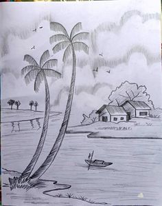 a drawing of a house on the beach with a palm tree in front of it