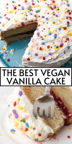 the best vegan vanilla cake with white frosting and sprinkles