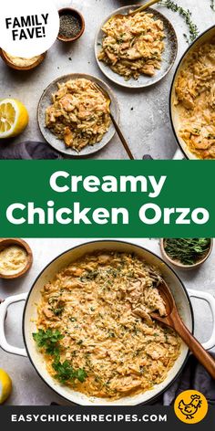 creamy chicken orzo in a skillet with lemons and parsley on the side