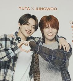 two young men standing next to each other in front of a white background with the words yuta xjunngwoo written on it