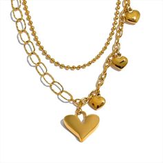 Double Chain Heart Necklace Double Chain Necklace, Chain Heart, Double Layer Necklace, Gold Hearts, Simple Blouse, Heart Pendant Gold, Heart Chain, Romantic Evening, Gold Heart Necklace