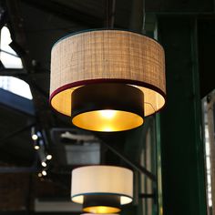 three lamps hanging from the ceiling in a room