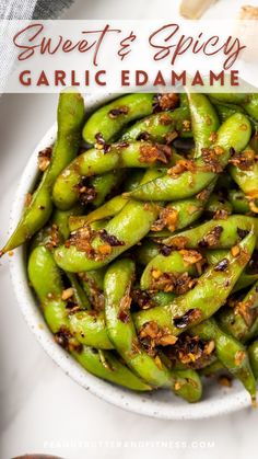 sweet and spicy garlic edamame in a white bowl