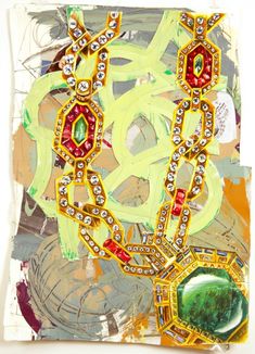 an abstract painting with gold, red and green jewelry