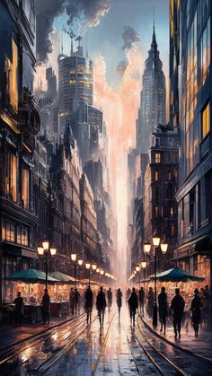 a painting of people walking down a city street at night with buildings in the background