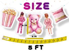 a pink teddy bear sitting on top of a measuring tape next to some items that have been cut out