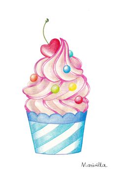 a drawing of a cupcake with pink frosting and cherries on the top