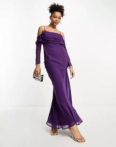 ASOS DESIGN cami cowl maxi dress with cold shoulder sleeve in purple | ASOS Purple Off-shoulder Maxi Dress For Party, Elegant Purple Dress With Side Slits, Purple Maxi Length Dresses With Side Slits, Purple Maxi Dress With Side Slits, Elegant Off-shoulder Purple Maxi Dress, Elegant Purple Off-shoulder Maxi Dress, Formal Dresses Graduation, Cocktail Dress Formal, Leggings Sale