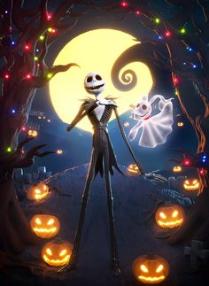 a halloween scene with jack skellings and pumpkins