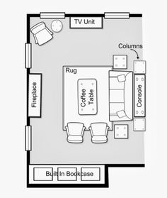 a floor plan for a living room and kitchen with furniture, couches, coffee table, tv unit