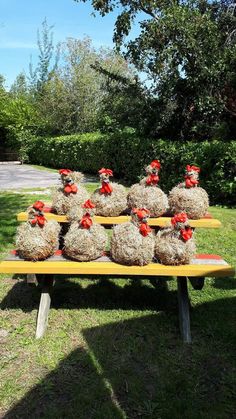 hay balls are sitting on top of a wooden bench in the grass with red bows