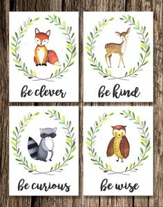 four cards with animals and words on them