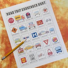 the road trip scavenger sheet is on top of a table with a pencil