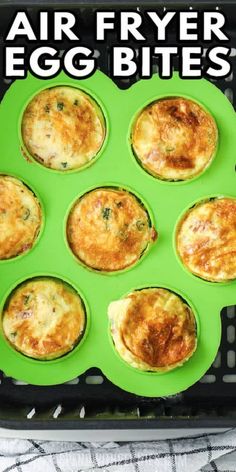 an air fryer egg bites recipe on a green tray with the title above it