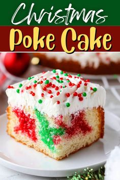 a slice of christmas poke cake on a plate