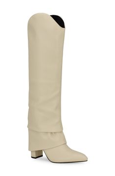 A slouchy, foldover shaft amplifies the modern allure of a knee-high boot balanced by a pointy toe and wrapped block heel. 3" heel 17" shaft; 14" calf circumference Synthetic upper/textile and synthetic lining/synthetic sole Imported Chic Cream Knee-high Boots With Pointed Toe, Chic Cream Pointed Toe Knee-high Boots, Chic Beige Knee-high Boots With Pointed Toe, Fitted Cream Knee-high Heeled Boots, Chic Cream Knee-high Boots, Chic Cream Fitted Knee-high Boots, Chic Fitted Cream Knee-high Boots, Elegant Beige Knee-high Boots For Work, Beige Knee-high Heeled Boots For Formal Occasions