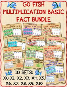 the go fish multiplication basic fact bundle includes ten sets, 10x10 and