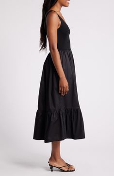 A ribbed bodice and poplin skirt bring eye-catching appeal to this midi dress fashioned in a fit-and-flare silhouette. V-neck Sleeveless 55% rayon, 45% nylon with 55% cotton, 42% nylon, 3% elastane contrast Dry clean Imported Black Midi Dress With Full Skirt For Summer, Black Midi Dress With Full Skirt, Black Full Skirt Midi Dress For Summer, Black Midi Dress With Voluminous Skirt For Summer, Black Midi Dress With Voluminous Skirt, Black Voluminous Midi Dress For Summer, Poplin Skirt, Astr The Label, Fabric Gifts