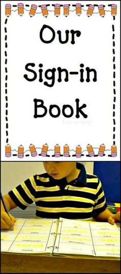 the sign - in book for children to use with their handwriting and writing skills is shown