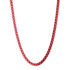 "Add something new and exciting to your daily look with this red acrylic coated stainless steel box chain necklace. Add something new and exciting to your daily look with this red acrylic coated stainless steel box chain necklace. Chain length: 22 in. Chain type: box Clasp: lobster-claw Metal: stainless steel Plating: red acrylic coating Finish: polished Packaging: pouch Please note, due to the high value of this item, a signature may be required upon delivery. Size: 22"". Gender: male. Age Grou Red Metal Chain Necklace As Gift, Red Chain Necklace With Lobster Clasp As Gift, Red Round Chain Jewelry, Red Stainless Steel Necklace With Adjustable Chain, Packaging Pouch, Box Chain Necklace, Box Clasp, Necklace Size, Lynx