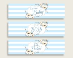 two baby shower banners with flowers on blue and white striped background, one has the word welcome