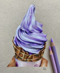 a drawing of an ice cream cone with purple icing on it next to a crayon pencil