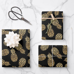 Gold Pineapples Wrapping Paper Black Wrapping Paper, Black Background, Black Backgrounds