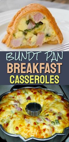 this is a collage of breakfast casseroles with ham and cheese on top