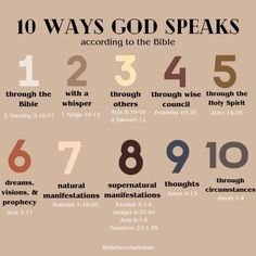 a poster with numbers and the words 10 ways god speaks according to the bible