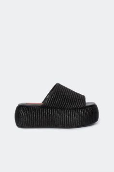 Cro Slide in Natural Raffia – Simon Miller Black Platform Slippers With Textured Sole For Spring, Black Synthetic Slides With Woven Sole, Spring Black Slides With Woven Sole, Black Leather Slides With Woven Sole, Black Slides With Woven Sole And Round Toe, Black Woven Sole Slip-on Slides, Black Slides With Woven Sole, Knit Shoes, Simon Miller