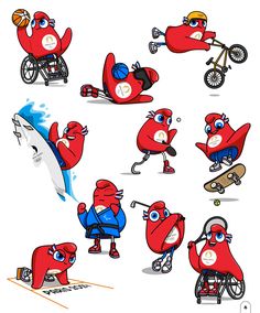 an image of red cartoon characters doing different activities