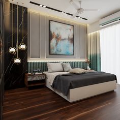 a modern bedroom with wood flooring and artwork on the wall