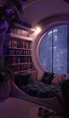 a living room filled with furniture next to a window covered in purple lights and bookshelves