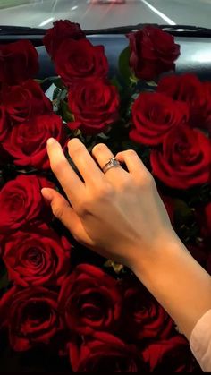 a woman's hand on the hood of a car with red roses in front of her