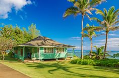 a small green house sitting on top of a lush green field next to the ocean