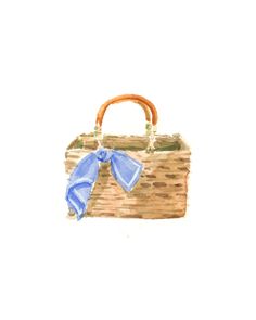 a watercolor painting of a basket with a blue bow on the handle and handles