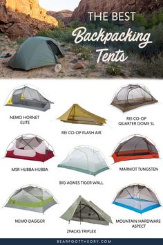 the best backpacking tents for camping in the mountains and desert, with text overlays