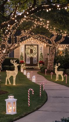 Create a festive wonderland in your front yard this holiday season! Sparkling string lights wrapped around trees, a large illuminated wreath on the front door, glowing reindeer figures on the lawn, and a pathway lined with lanterns and candy cane stakes bring a magical and inviting holiday ambiance. #ChristmasFrontYardDecor #HolidayOutdoorDecor Front Lawn Christmas Decorations, Christmas Front Yard, Front Yard Decor Ideas, Yard Decor Ideas, Reindeer Figure, Front Yard Decor, Front Lawn, Grandin Road, Outdoor Holiday Decor