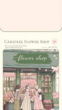 an advertisement for flowershop featuring two women in front of a flower shop with pink flowers