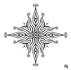 a black and white drawing of a star with swirls in the middle, on a white background