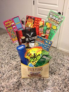 a box filled with snacks sitting on top of a counter