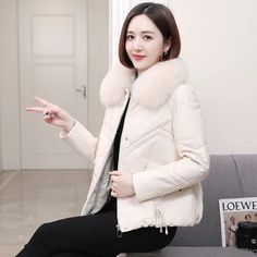 Women’s Genuine Leather Down Fox Fur Collar Real Leather Sheepskin Winter Coat  -  GeraldBlack.com Beige Winter Outerwear With Zipper Closure, Winter Long Sleeve Fur Coat With Zipper, Chic Winter Outerwear With Zipper Closure, Winter White Outerwear With Zipper For Cold Weather, Chic Winter Fur Coat With Zipper Closure, Beige Outerwear With Faux Fur Lining, Mens Down Jacket, Coat White, Black Winter Coat