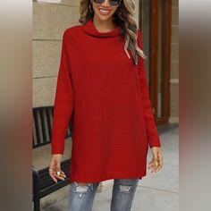 Lillusory Women's Mock Turtleneck Casual Oversized Sweater Long Batwing Sleeve Split Hem Ribbed Knit Pullover Top. 10 Oversized Red Ribbed Sweater, Oversized Solid Red Tops, Oversized Red Solid Color Tops, Oversized Red Sweater For Layering, Oversized Red Top, Red Long Sleeve Top With Ribbed Neckline, Cream Turtleneck Sweater, Green Turtleneck Sweater, Cowl Sweater