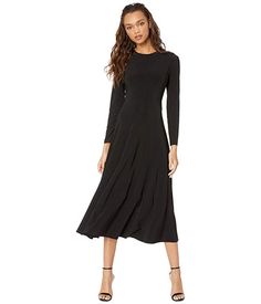 KAMALIKULTURE by Norma Kamali Long Sleeve Flared Dress at Zappos.com Long Sleeve Work Dress, Crossover Dress, Simple Black Dress, Flared Dress, Jewel Neckline, Norma Kamali, Womens Black Dress, Flare Dress, A Line Skirts