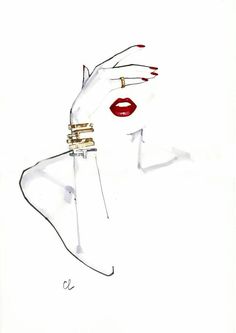 a drawing of a woman's face with red lipstick and gold rings on her fingers