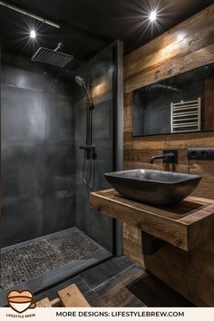 a bathroom with a sink, shower and wooden flooring in it's walls