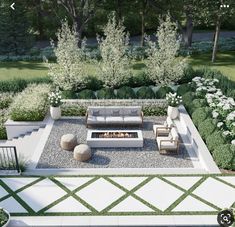 an aerial view of a modern garden with seating and fire pit in the foreground