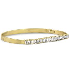 in white diamonds and yellow gold<br>angle view <span class='visuallyhidden'>Call or text 323-404-2959 if you need shopping assistance.</span> Taper Cut, Bangle Stack, Diamond Baguette, Diamond Bling, Mineral Spirits, Linear Design, Stacked Bangles, Hinged Bangle, Cartier Love Bracelet